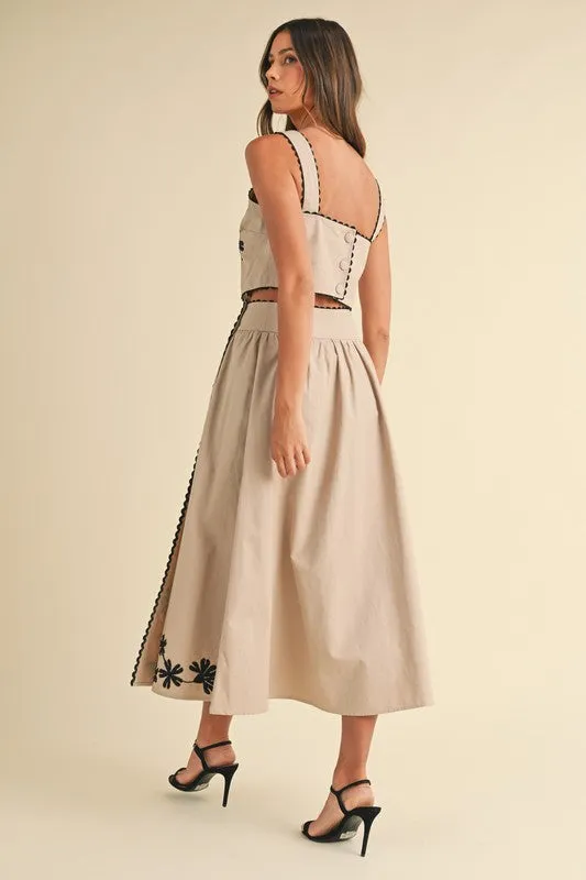 Waitlist 11/10 ♥ Priscilla Sleeveless Embroidered Crop Top And Midi Skirt Set Taupe