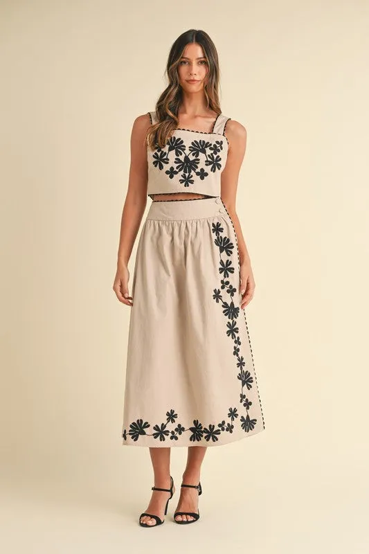 Waitlist 11/10 ♥ Priscilla Sleeveless Embroidered Crop Top And Midi Skirt Set Taupe