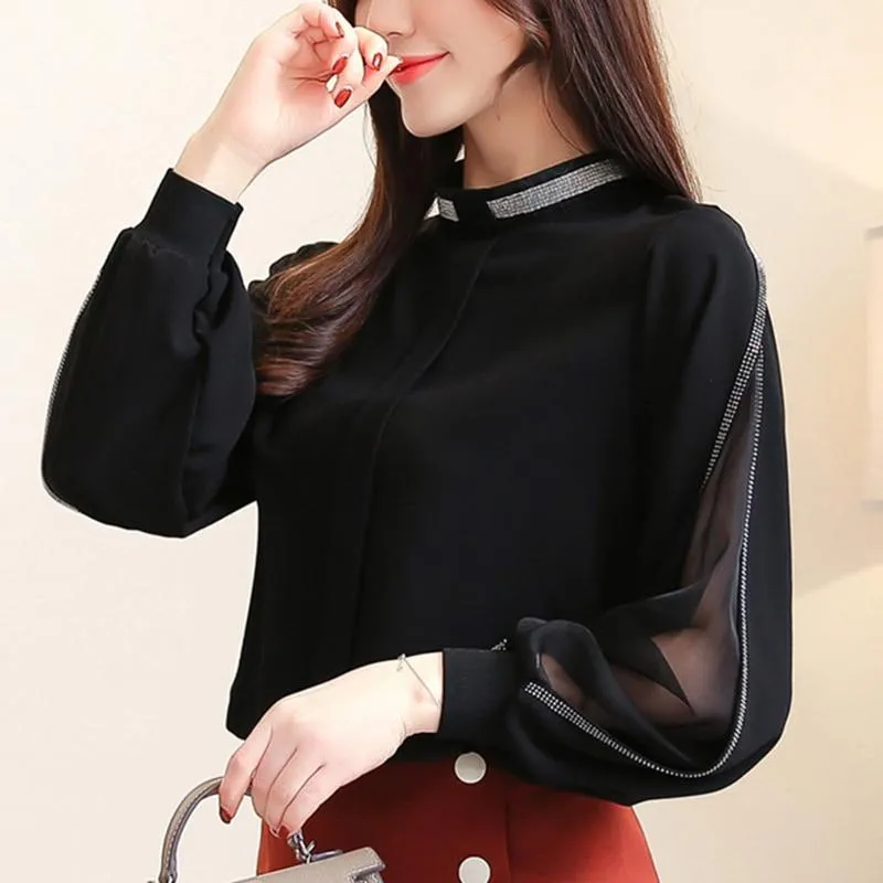 Women Elegant Chiffon Patchwork Hollow Out Stand Collar Blouse