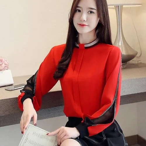 Women Elegant Chiffon Patchwork Hollow Out Stand Collar Blouse