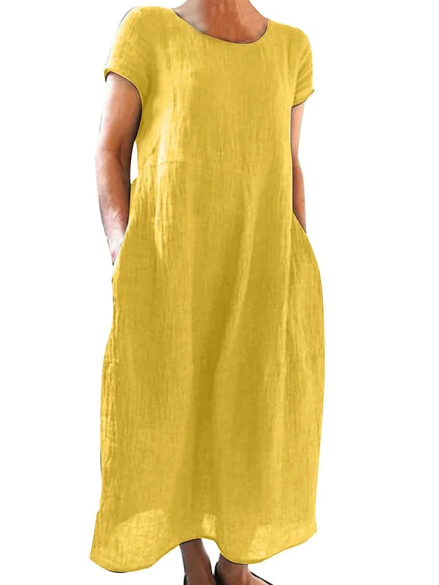 Women's Casual Dress Cotton Linen Dress Shift Dress Maxi long Dress Cotton Blend Basic Casual Outdoor Daily Vacation Crew Neck Pocket Short Sleeve Summer Spring 2023 Loose Fit Black White Yellow Plain