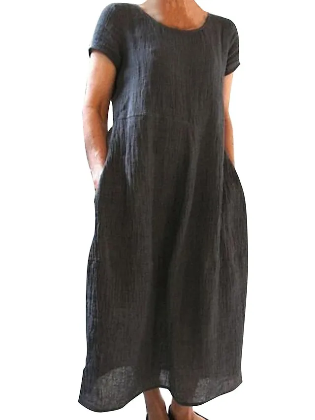 Women's Casual Dress Cotton Linen Dress Shift Dress Maxi long Dress Cotton Blend Basic Casual Outdoor Daily Vacation Crew Neck Pocket Short Sleeve Summer Spring 2023 Loose Fit Black White Yellow Plain