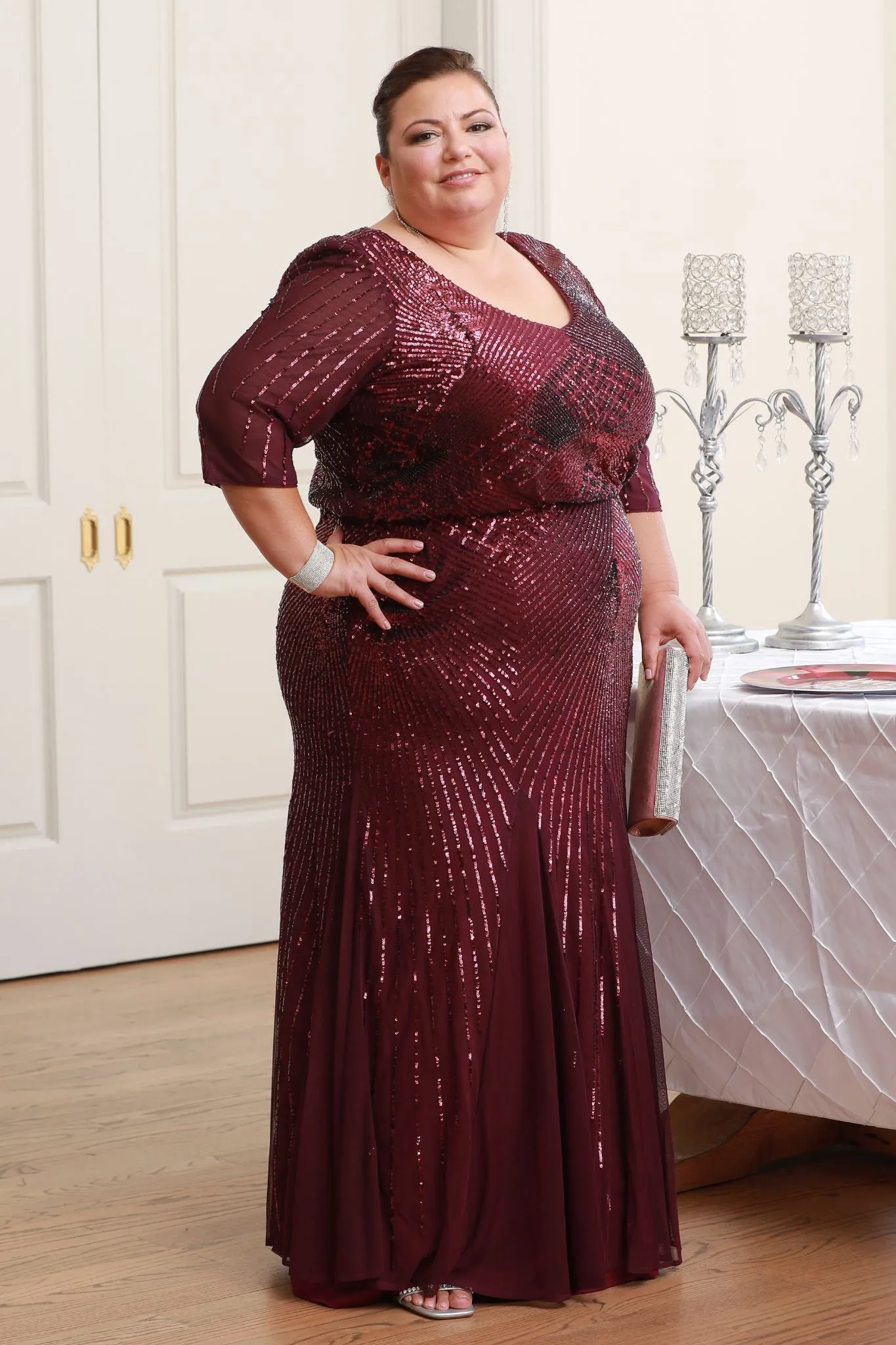 Women's Plus-size Elegant Sequin Evening Gown - Mother of the Bride Dress