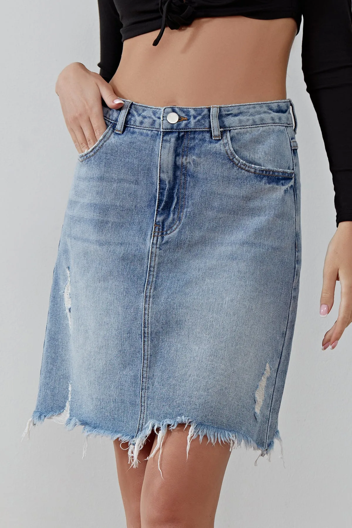 Women's Ripped  Raw Hem A Line Denim Skirt