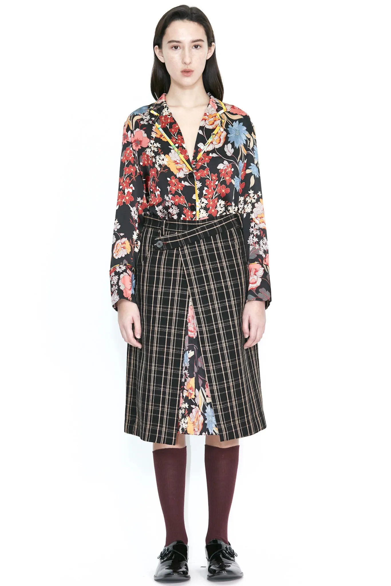 Wool and Silk Printed Black Floral Wrap Skirt