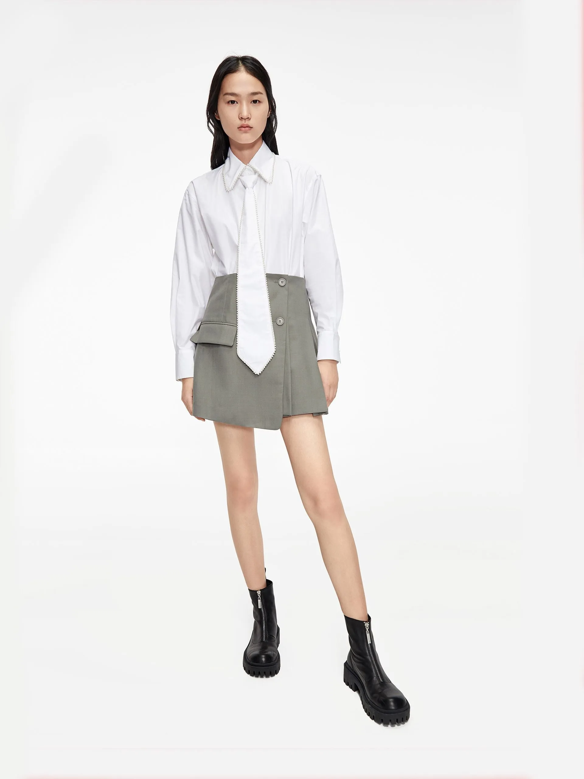 Wool-blend Layered Pleated Suit Skirt